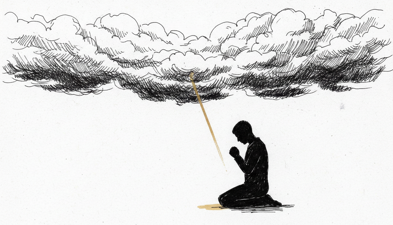 man's silhouette on his knees praying with his hands as there are clouds above with lightning